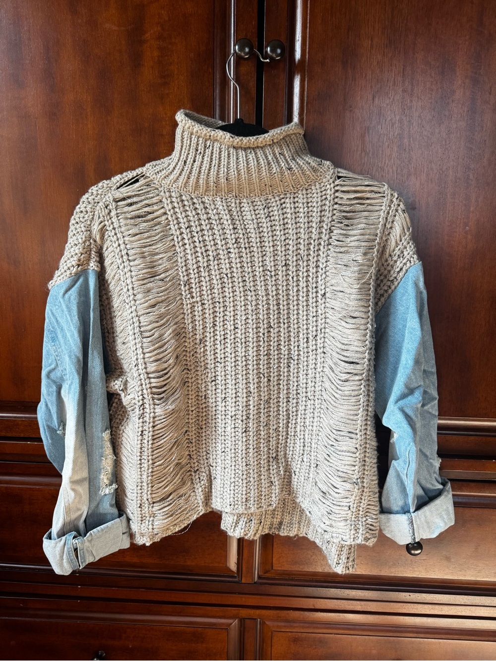 Rehab Beige Fringed Turtleneck Sweater with Light Blue Contrast Sleeves